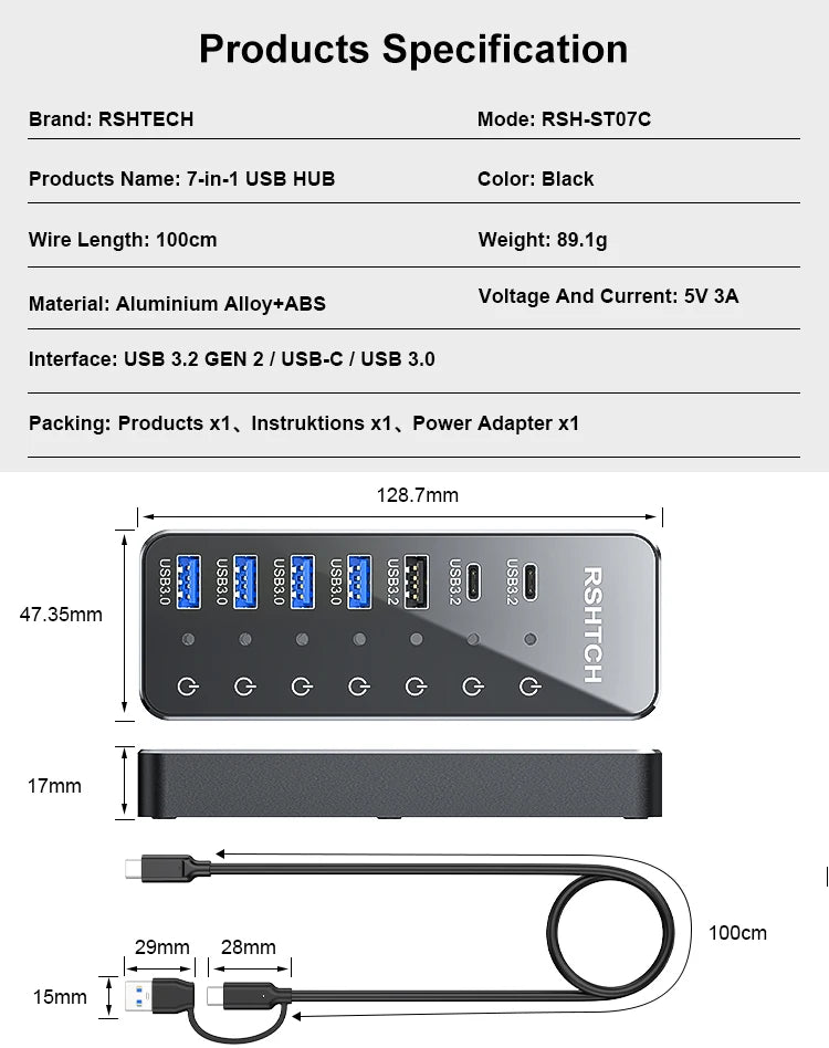 RSHTECH 7-Port Powered USB C Hub with 10Gbps USB-C 3.2 Ports Individual Touch Switches 5V/3A Power Adapter Laptop USB Splitter