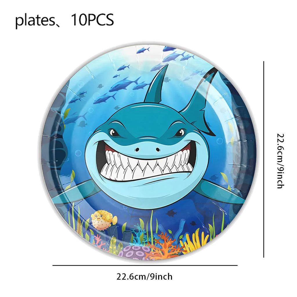 Ocean Shark Theme Disposable Tableware Cute Cartoon Marine Animal Plastic Tablecloth Kids Birthday Party Baby Shower Decor