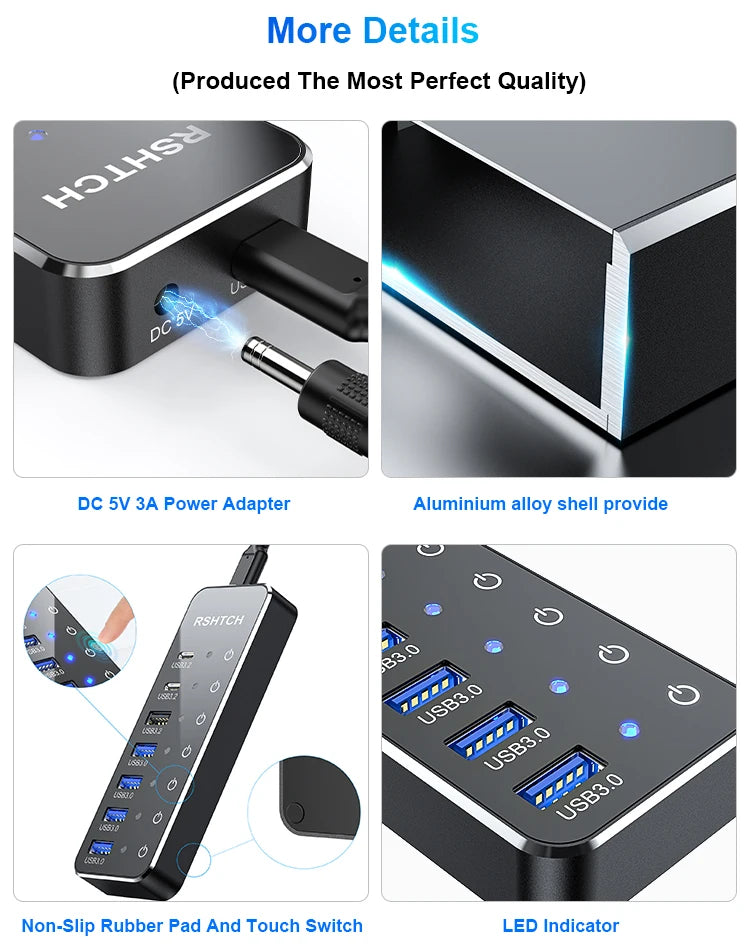 RSHTECH 7-Port Powered USB C Hub with 10Gbps USB-C 3.2 Ports Individual Touch Switches 5V/3A Power Adapter Laptop USB Splitter