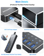 RSHTECH 7-Port Powered USB C Hub with 10Gbps USB-C 3.2 Ports Individual Touch Switches 5V/3A Power Adapter Laptop USB Splitter