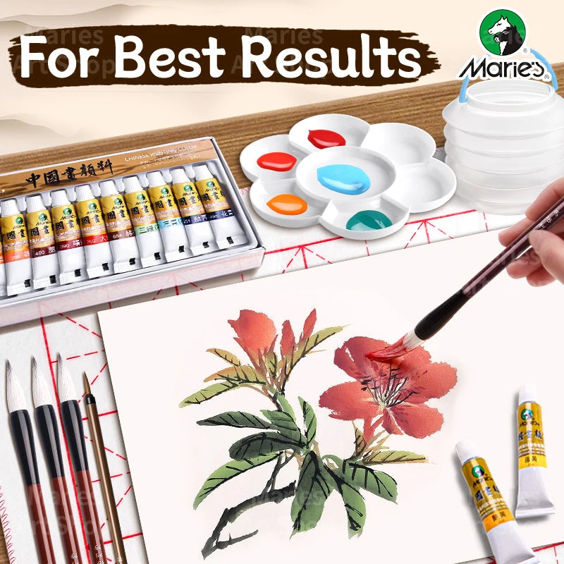 Marie's Chinese Paint Pigment Set,12/18/24/36 Colors 5ml/0.17oz Sumi Watercolor with 8pcs Art Tools for Landscape,Ink,Writing