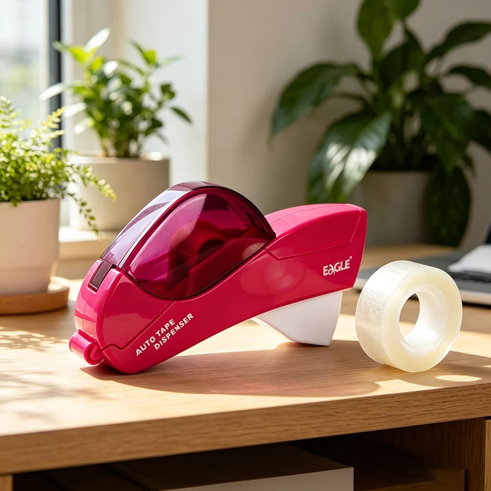 Handheld Tape Dispenser, Pink Auto Tape Cutter with 1 Roll Tape, Fits 12mm/19mm Tape, Portable Tape Holder for Office, School, D
