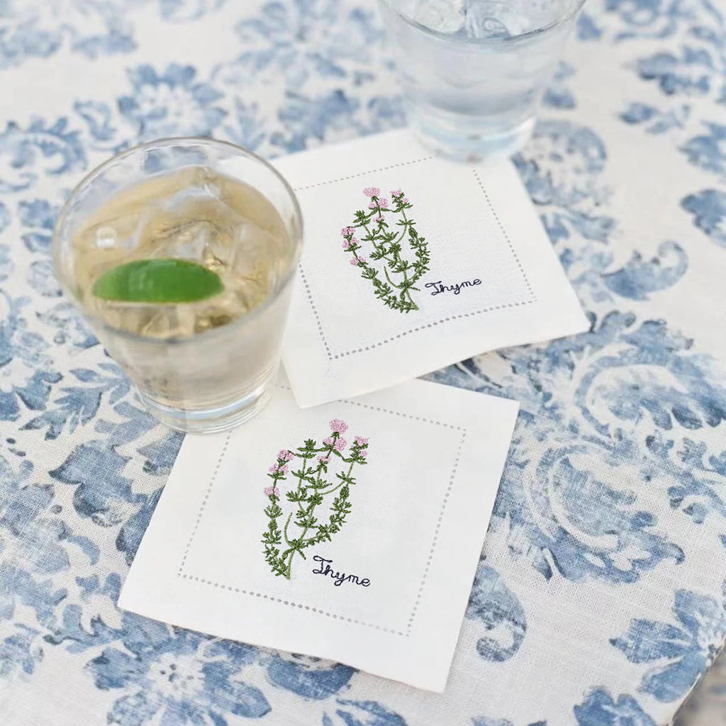 New Embroidered Herb Cocktail Napkin, Pure Linen, Lavender, Rosemary, Mint，Sage，Natural, Elegant, Tea Napkin, 15x15cm,