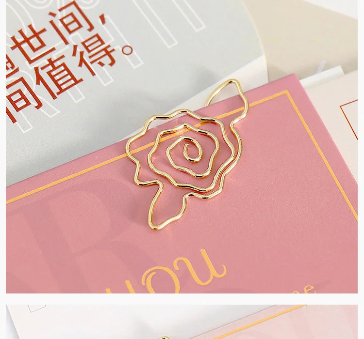 10pcs Gold Rose Flower Paper Clip Wholesale Metal Diy Flower Planner Stationery Supplies Bookmark Gift Shaped Paper Clips