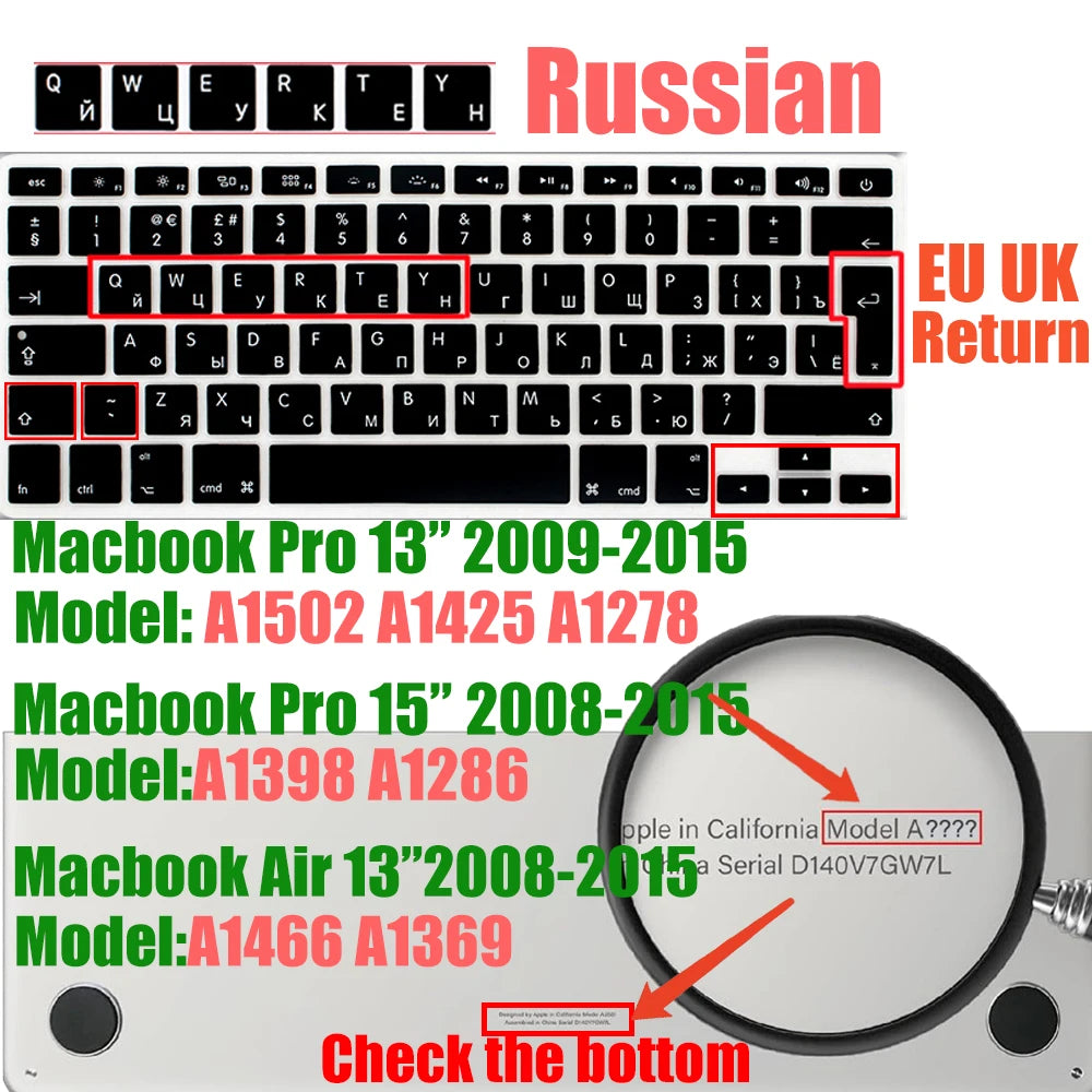 Russian Layout MacBook Pro Keyboard Cover 14" 16" M4 M3 M2 M1 Pro, MacBook Air 15" 13.6" M3 M2 Silicone Skin, US/EU Version