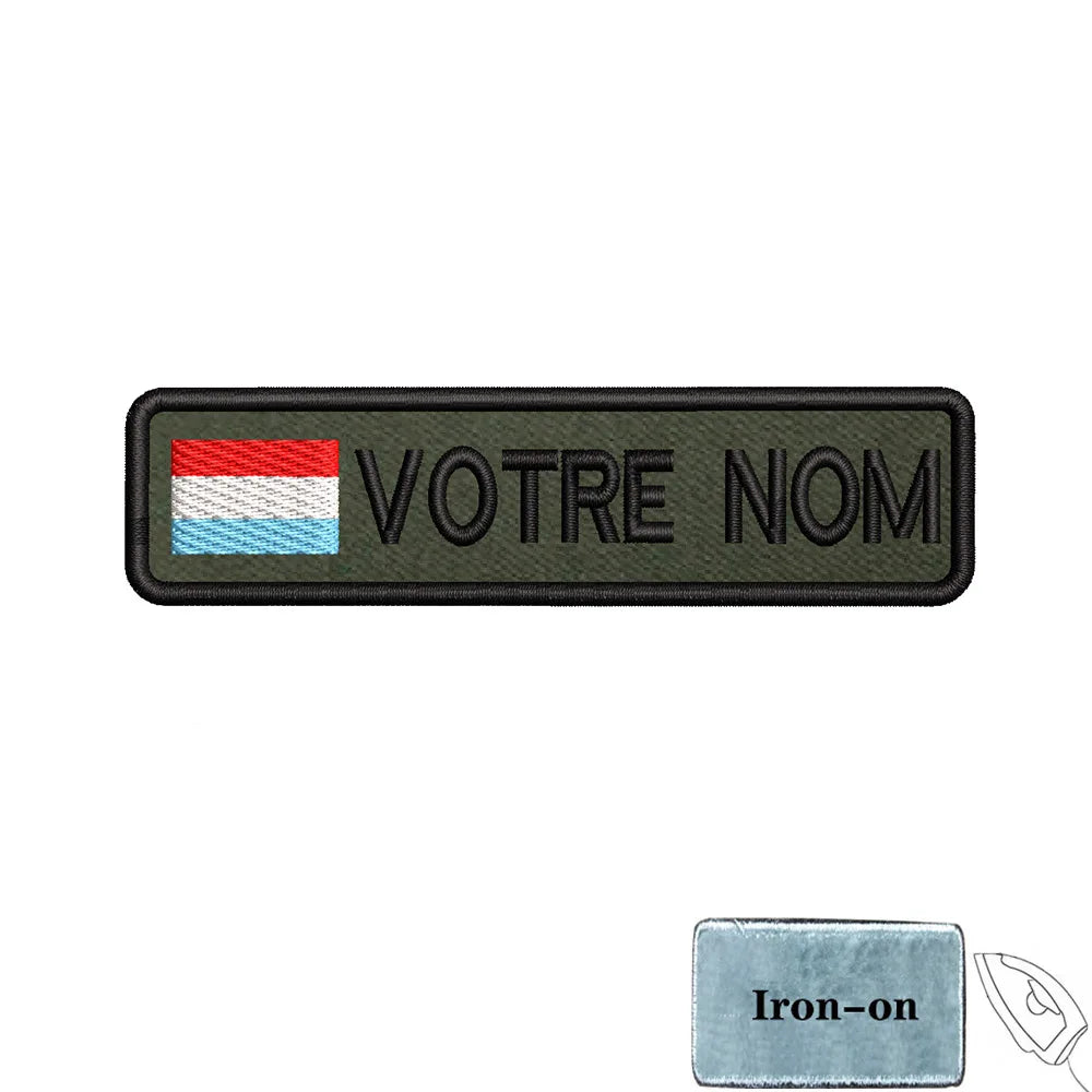 1PC 10cmX2.5cm Custom Name flag Patch Stripes Badge tags Iron On Or Hook Loop Army green Estonia Austria Bulgaria Luxembourg
