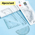 Deli 4Pcs Student Ruler Set Transparent Plastic Straight Ruler Triangle Protractor for Kids School Office Home Supplies