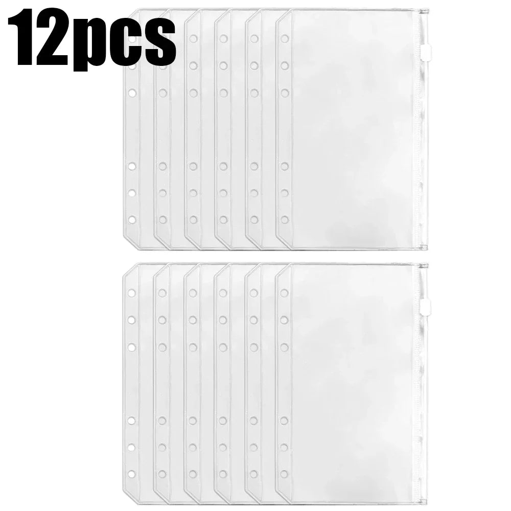 2/6/12Pcs Waterproof A6 6-Hole Binder Pockets Waterproof PVC Cash Budget Envelopes Zipper Binder Pouches for Notebook Planner