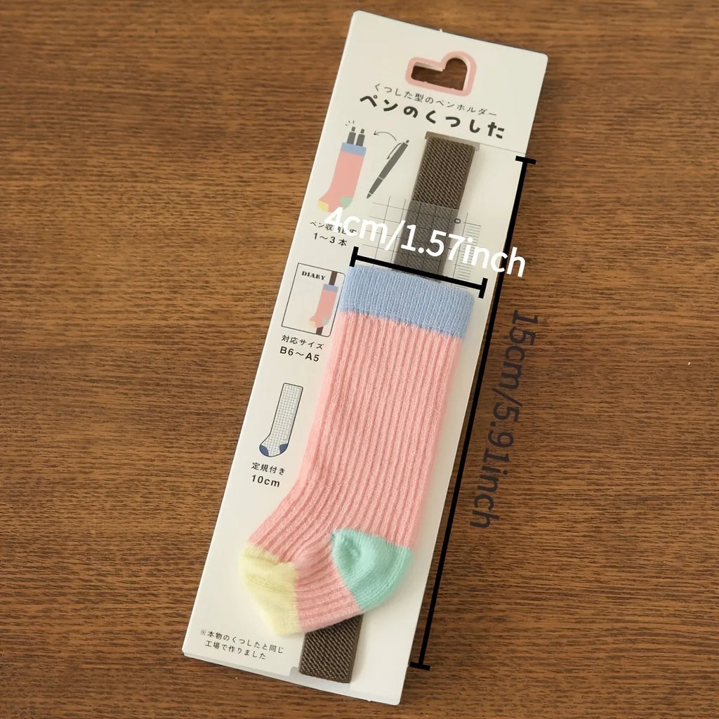 Japanese Retro Contrast-Color Sock-Style Pen Holder, Elastic Journal Binding Strap with Ruler, Portable Pen Organizer, Book Band