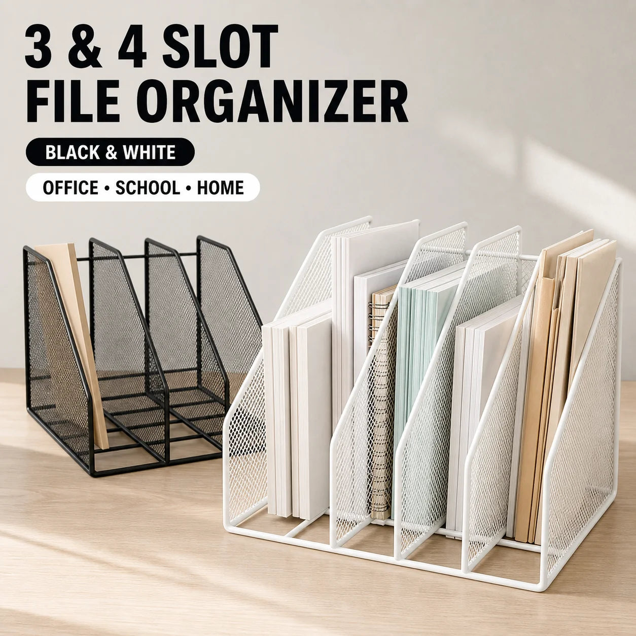 3 or 4 Slot Desktop File Organizer Metal Mesh Magazine Book Document Holder Black White for Office School Home Students Teachers