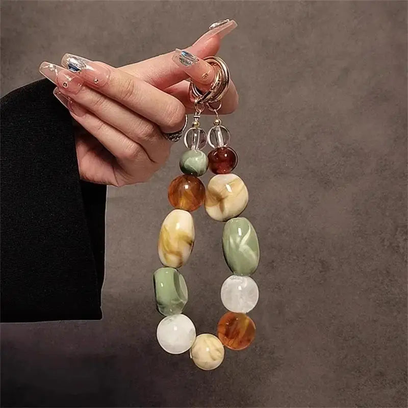Small Fresh Mixed Color Grid Irregular Stone Mobile Phone Wrist Chain Phone Case Lanyard Creative XYu Keychain Hanging Universal