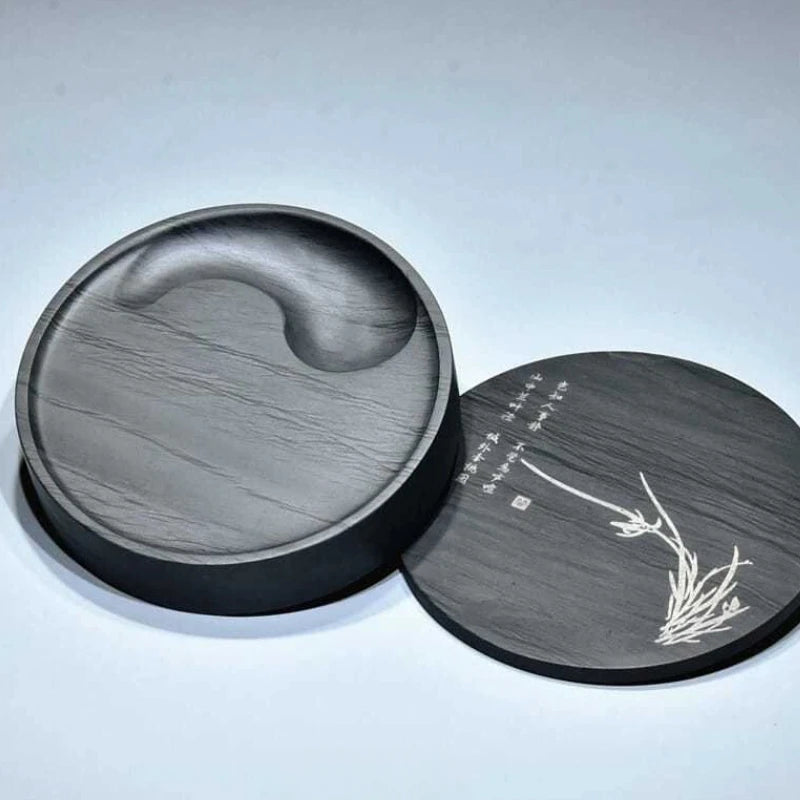 She Ink Slab With Lid Tai Chi Inkstone Water Grain Stone for Calligraphy Brush Writing Practice Painting Ink Grinding Stationery