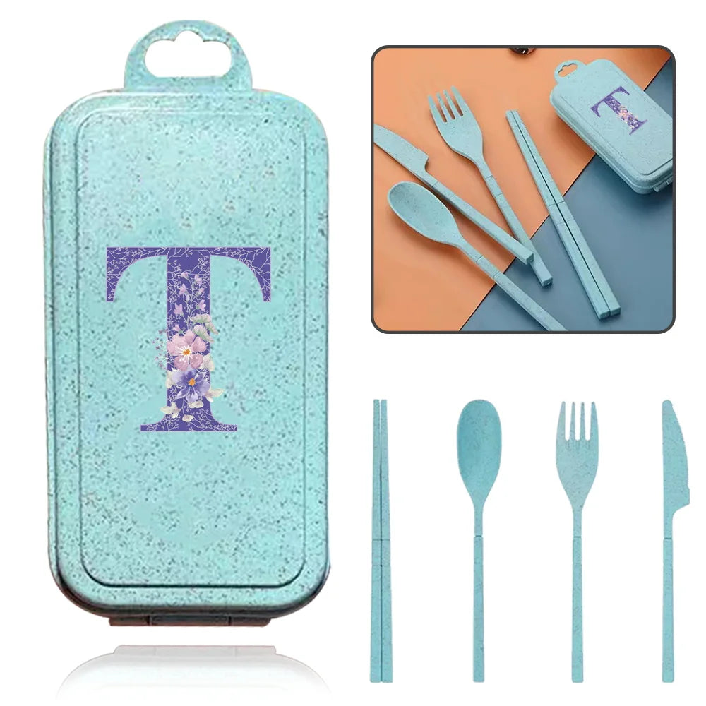 4Pcs Wheat Straw Cutlery Knife Spoon Fork Chopsticks Portable Set Plastic Detachable Dinnerware Purple Flower Letter Pattern