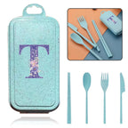 4Pcs Wheat Straw Cutlery Knife Spoon Fork Chopsticks Portable Set Plastic Detachable Dinnerware Purple Flower Letter Pattern