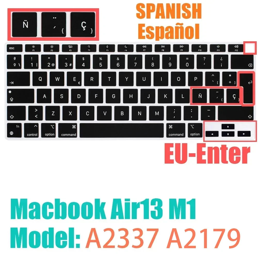 Keyboard Protective Film Silicone for 12-16' MacBook Air/Pro M1 M2 M3 Spanish Keyboard Cover Soft Protection Accessories Black