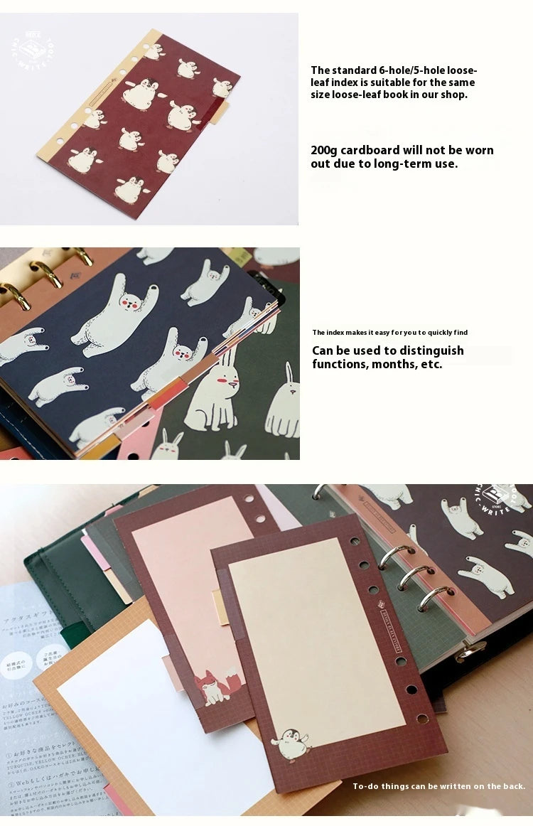 Retro Bookmarks Index Pages 6pcs A5/A6/A7/M5 6-Holes Binder Index Divider Cartoon Multicolor Loose-Leaf Notebook Classification