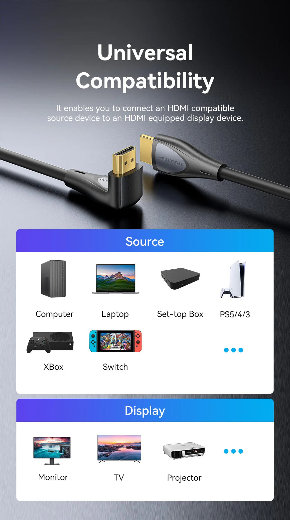 Vention 90° Angled HDMI 2.0 Cable 4K60Hz Ultra HD High-Speed Cord for Xiaomi TV Monitor Laptop PS5 Xbox PC HDR Video HDMI Cable