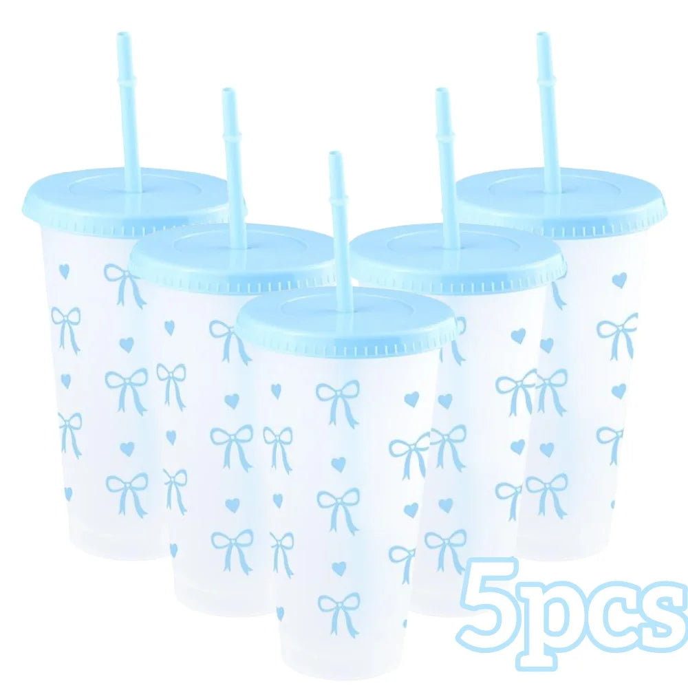 2/20pcs 24oz Reusable Party Cups with Straw & Lid Cute Bow Plastic Tumblers for Cold Drinks Home Office Outdoor Use Summer Gift