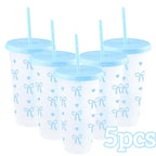 2/20pcs 24oz Reusable Party Cups with Straw & Lid Cute Bow Plastic Tumblers for Cold Drinks Home Office Outdoor Use Summer Gift