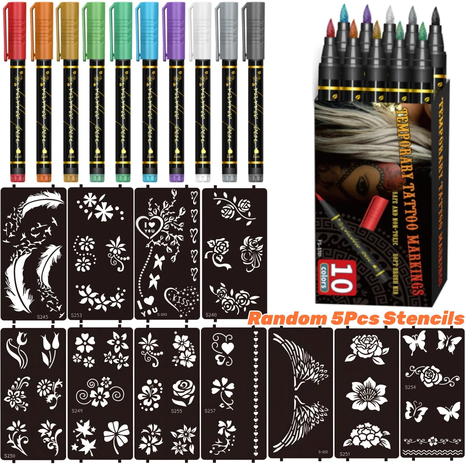 Temporary Tattoo Markers for Skin,10 Colors Tattoo Pens,Brush Tip,Bright colors,Face Paint Kit Cosmetic Quality,Halloween makeup