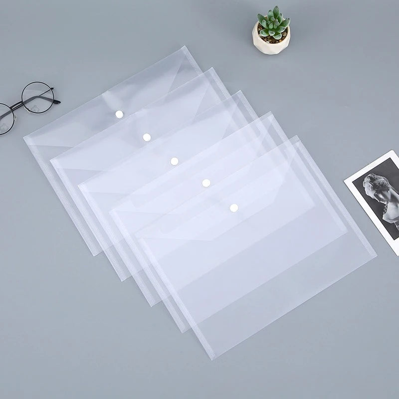 20Pcs A4 Size Plastic EnvelopeTransparent Reusable Poly Envelope Waterproof Folder with Buttons  for School Office Suppli