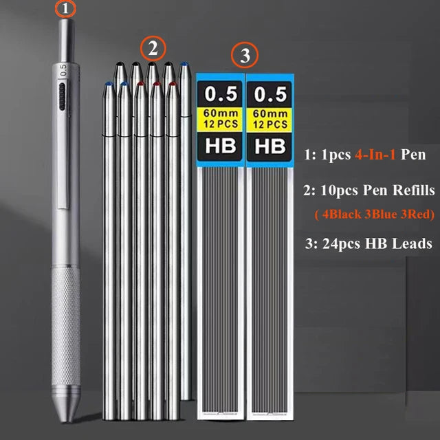 4 In 1 Multifunction Luxury Pen, 0.7mm 3 Color Ballpoint 0.5mm Mechanical Pencil, Gravity Sensor Metal Retractable Pens Długopis