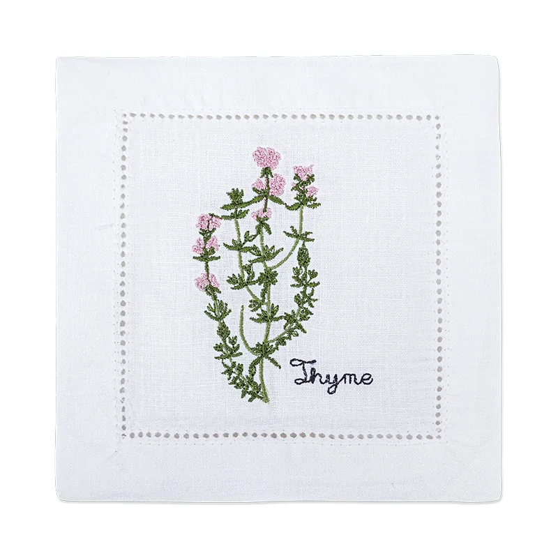 New Embroidered Herb Cocktail Napkin, Pure Linen, Lavender, Rosemary, Mint，Sage，Natural, Elegant, Tea Napkin, 15x15cm,