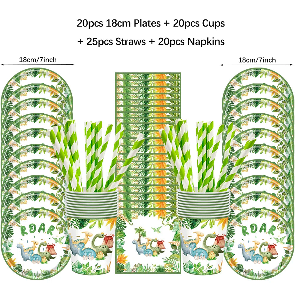 Cartoon Dinosaur Birthday Disposable Tableware Paper Plates Cups Napkin Tablecloth Dinosaur Roar Theme Birthday Party Decoration