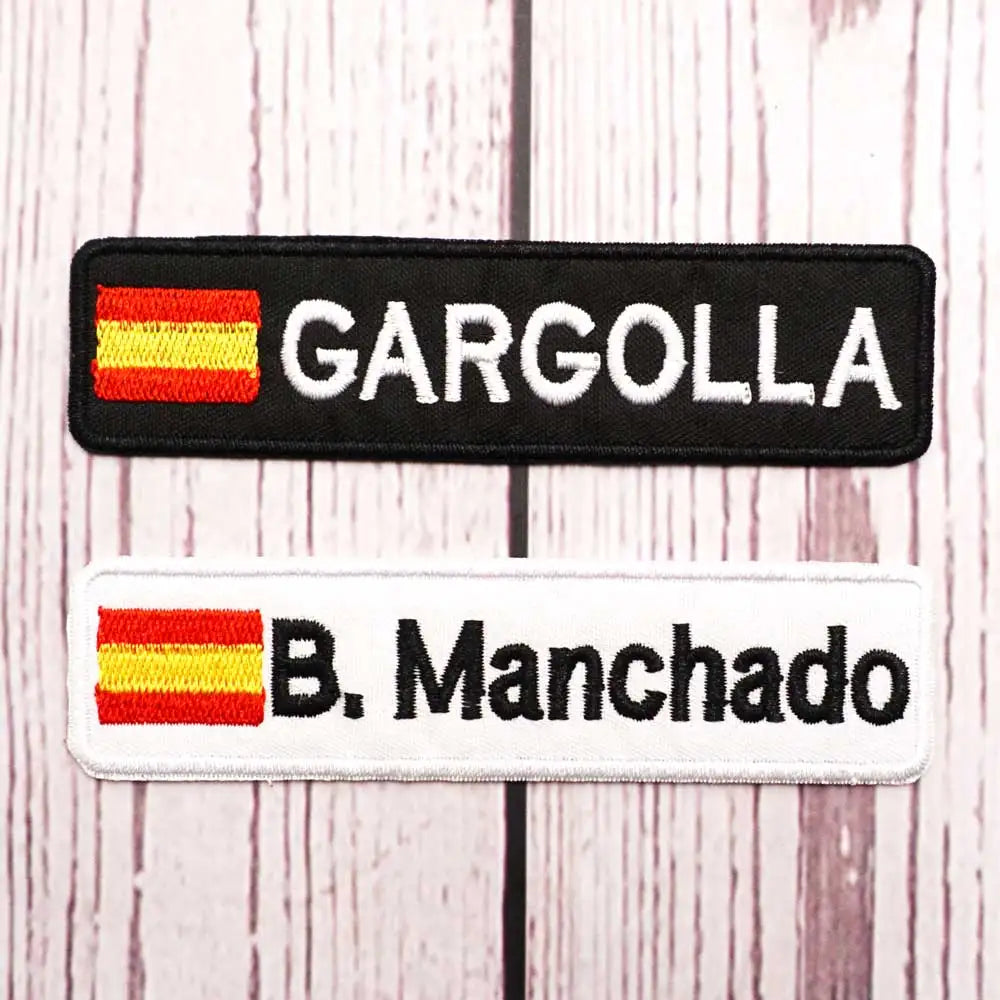 Custom Spain Name Tags Army Blood Number ID Embroidered Patches with Iron on Hook Backing