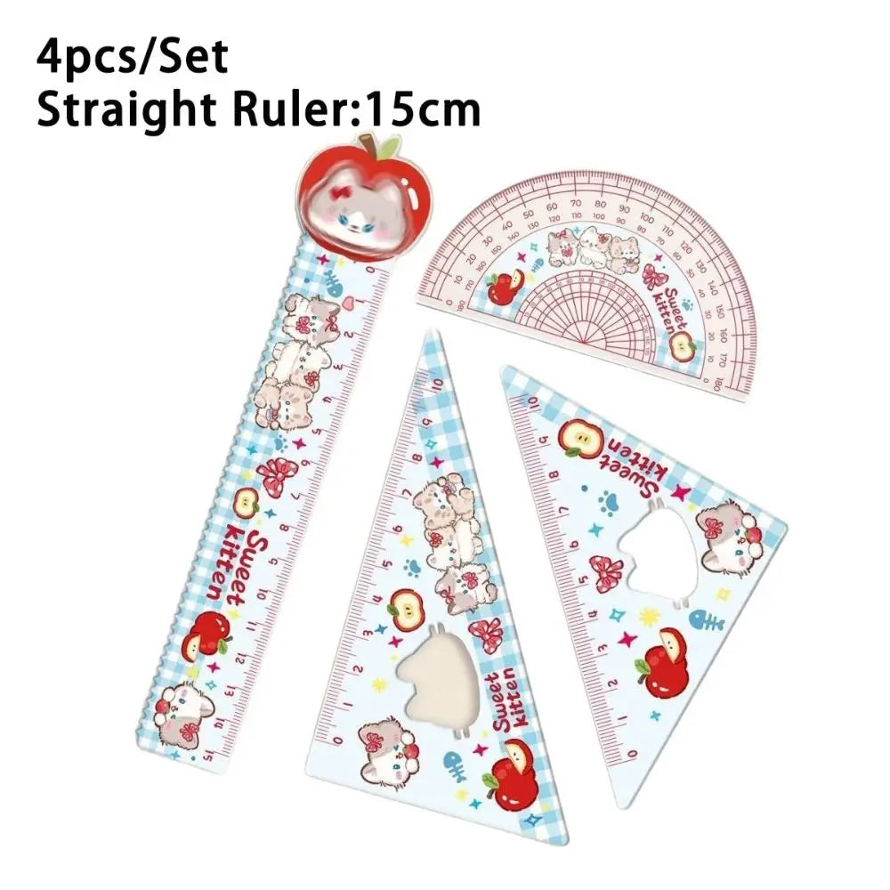 4pcs New Acrylic Ruler Set Red Kitten/Green Puppy Measurement Drawing Stationery Set Square Protractor Gift