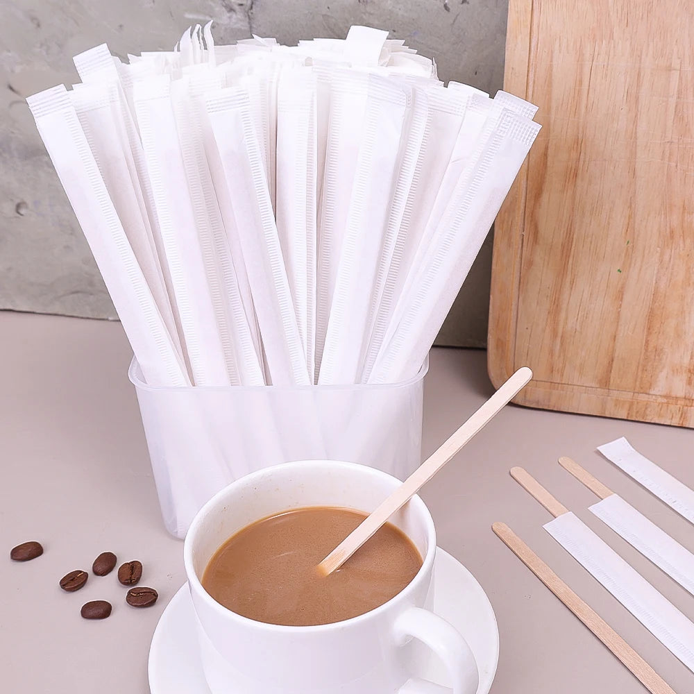 300/100pcs Wooden Coffee Stirrers Individually Wrapped Disposable Tea Drink Cocktail Mixer Swizzle Sticks Round End 5.5Inch Long