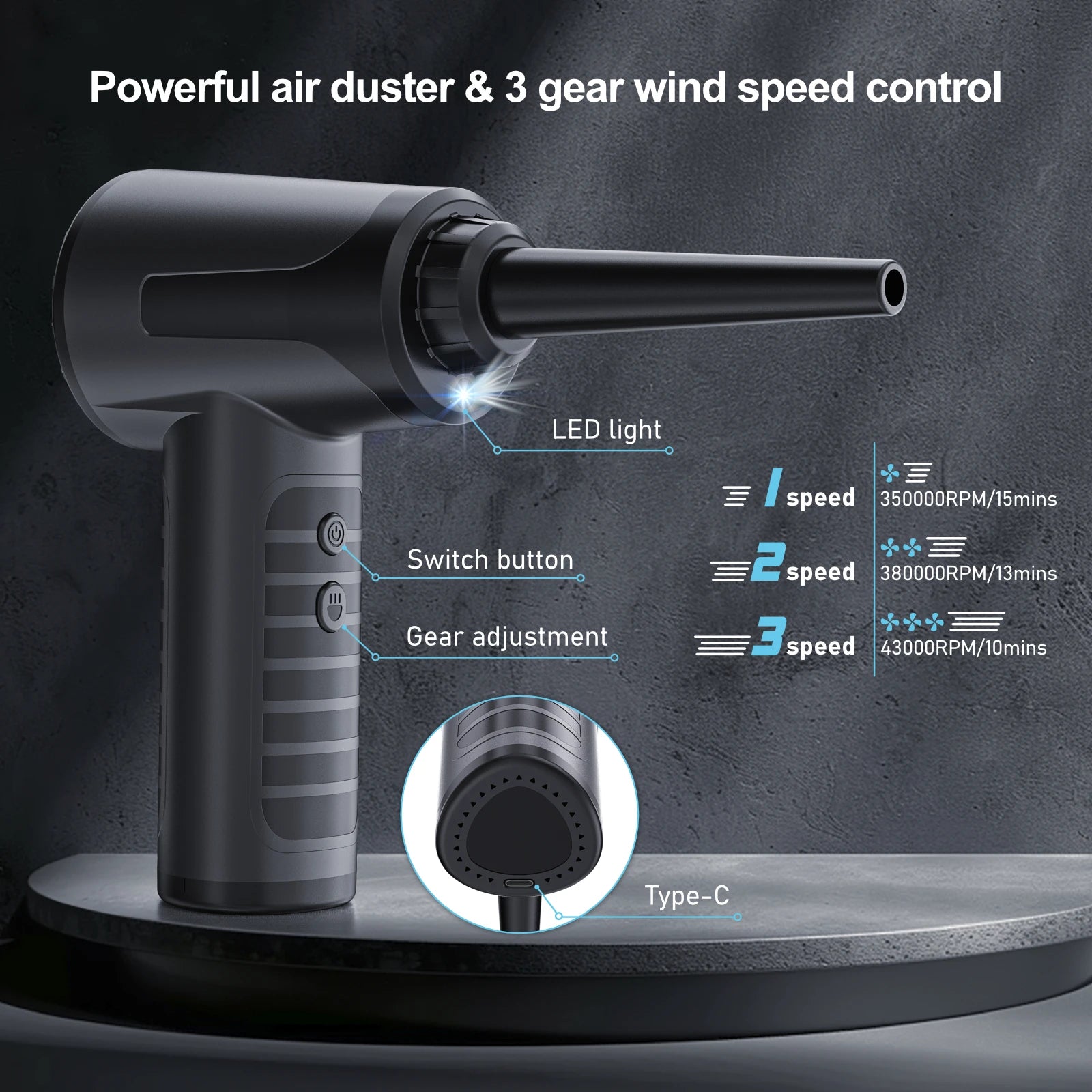 Protable Air Duster for Computer Cleaning 53000RPM Cordless Compressed Air Blower with LED Light for PC computers Keyboard Clean