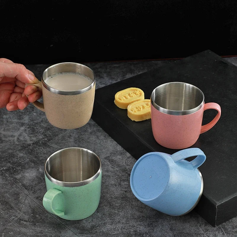 Simple Solid Color Stainless Steel Mug Wheat Straw Element Small Water Cup Children's Household Anti-scalding Drinking Water Cup