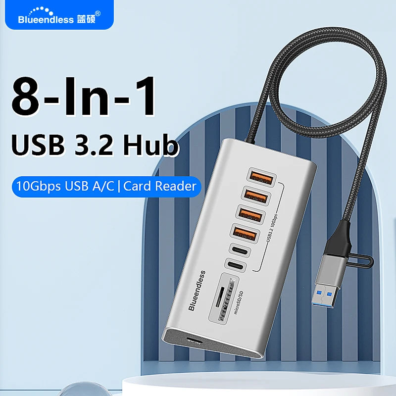 Blueendless Aluminium 10Gbps USB3.2 Gen2 4/10port HUB Docking Station USB-C USB-A Type C Splitter Adapter for PC Laptop macbook