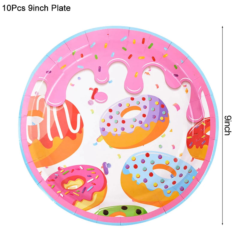 1Set Donut Party Decoration Disposable Tableware Plate Cup Napkins Candy Gift Bags Kids Baby Girl 1st Birthday Party Supplies