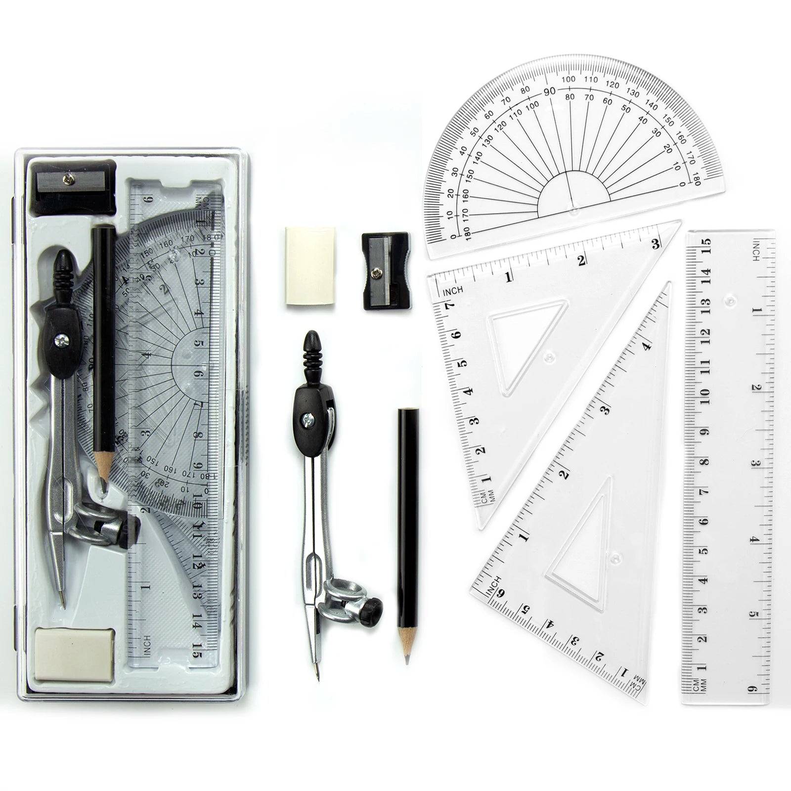Basic 8‑piece metal compass set, geometry drafting drawing tools for student use