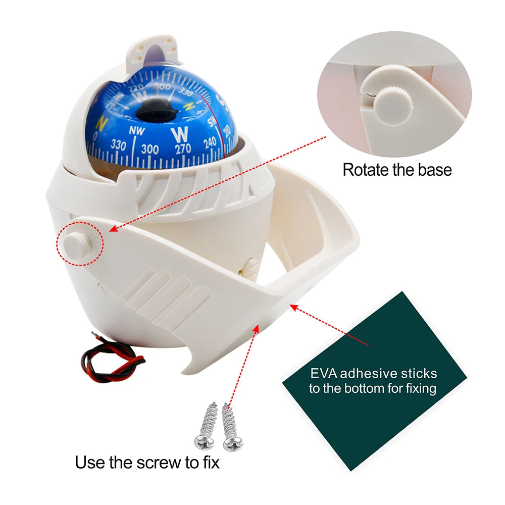 For Boat Yacht Car Waterproof Navigation Compass With Electronic LED Light White/Black Marine Sea Pivoting Marine Compass