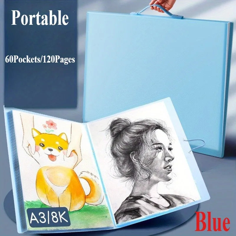 A3 Art Portfolio 60 Pockets, 120-Page Presentation Book with Handle, Blue Night Sky Design for Artists,Office Document Organizer