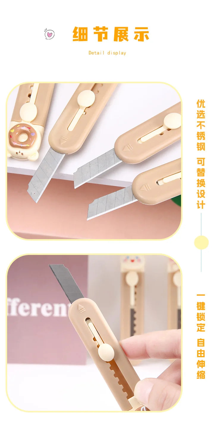1 Piece Cartoon Utility Knife for Student Cute Fashion Box Cutter Small Portable Kawaii Beige Coffee Color Letter Opener Office