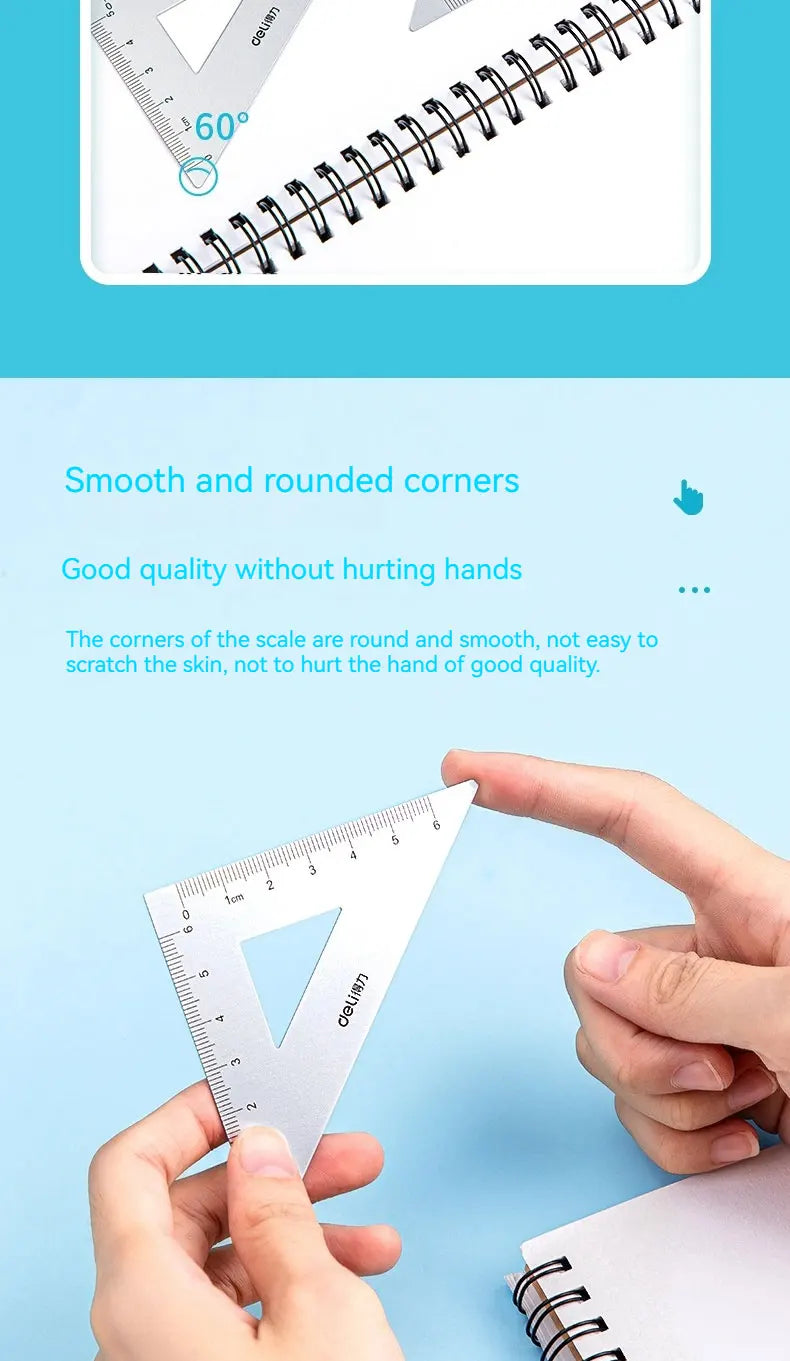 Deli 4Pcs Student Stationery Set Triangle Ruler Straight Ruler Grid Ruler Angle Measuring Tool Aluminum Alloy Material
