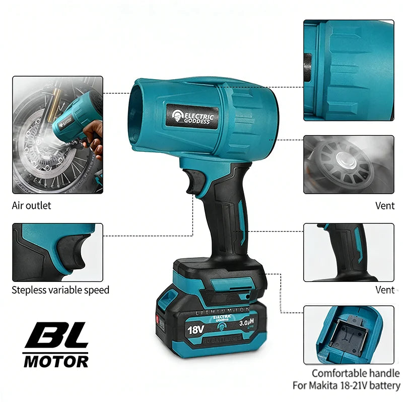 Electric Goddess Brushless Cordless Electric Air Blower Turbo Jet Fan Handheld Dust Blowing Tool For Makita 18V Battery Pin