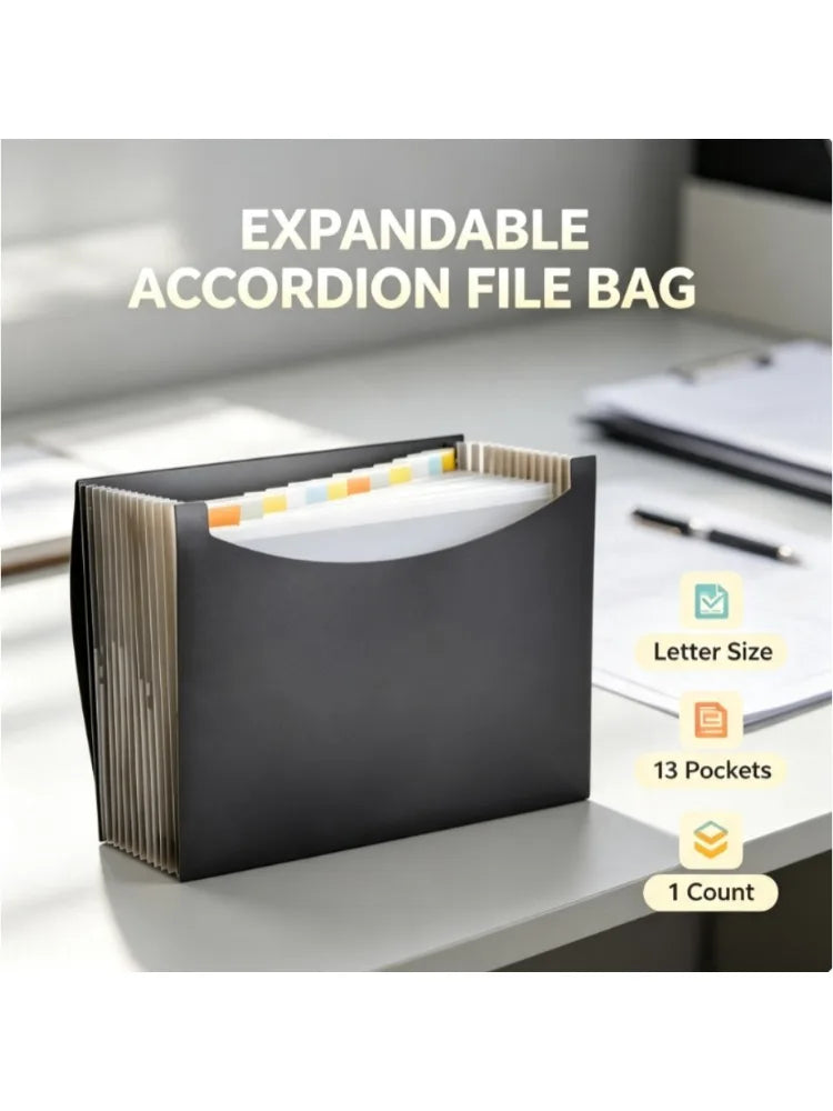 13 Compartment Accordion File Organizer | Letter Size Black Folder | Waterproof Large Capacity Document Storage For Office & School 1-Pack