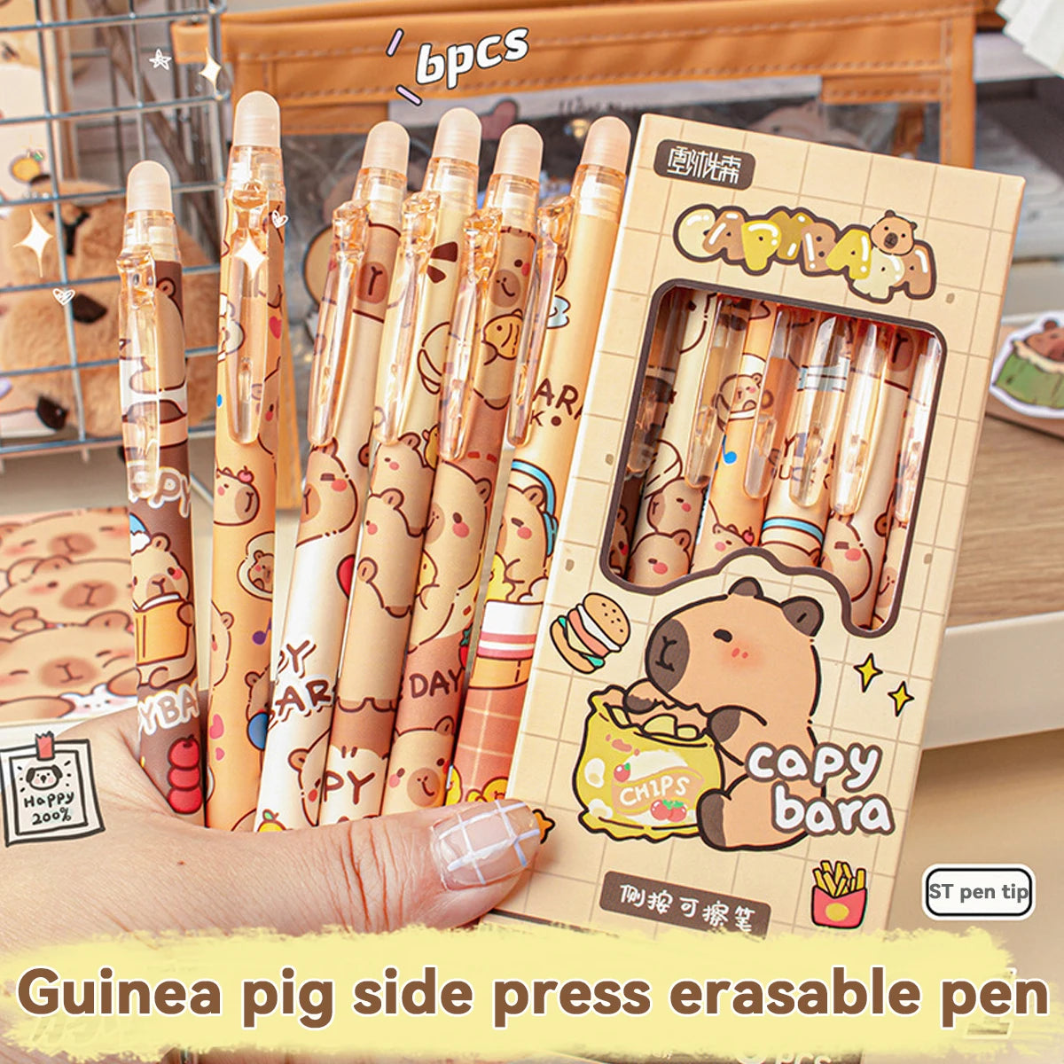 Capybara Erasable Pens 6pcs Refillable Ink Gel Pen Smudge-Free Cute Animal School Supplies for Students Office Stationery Gifts