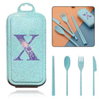 4Pcs Wheat Straw Cutlery Knife Spoon Fork Chopsticks Portable Set Plastic Detachable Dinnerware Purple Flower Letter Pattern