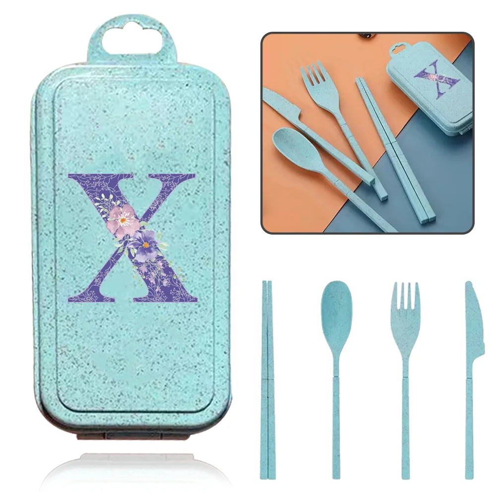 4Pcs Wheat Straw Cutlery Knife Spoon Fork Chopsticks Portable Set Plastic Detachable Dinnerware Purple Flower Letter Pattern