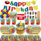 Cartoon SEsame-Streets Birthday Party Set Supplies Kids Disposable Tableware Balloon Cake Topper Banner Plates Decoration