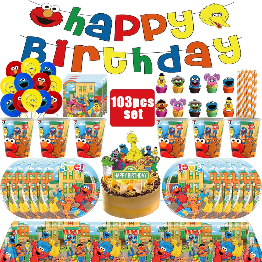 Cartoon SEsame-Streets Birthday Party Set Supplies Kids Disposable Tableware Balloon Cake Topper Banner Plates Decoration