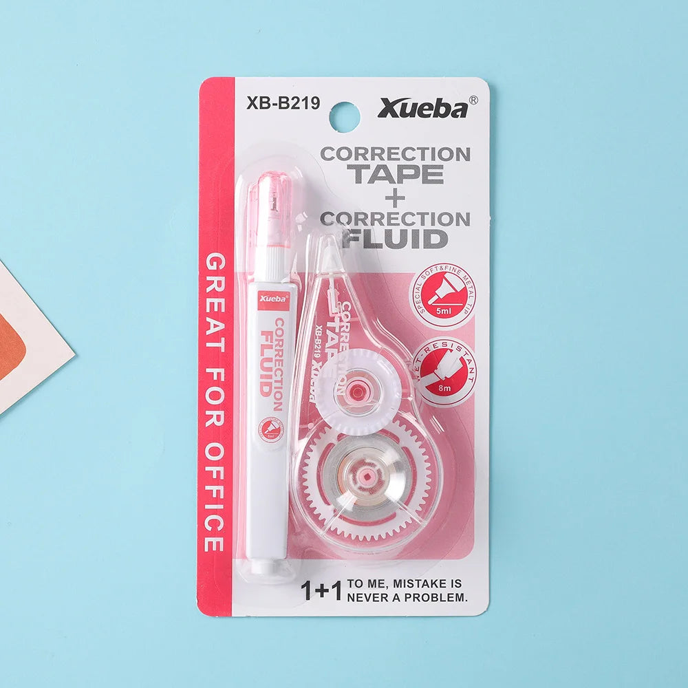 1 Correction Tape + 1 Correction Liquid Kawaii White Out Combo Quick Dry & Clean Finish Student Mistake Cover Tools Stationery