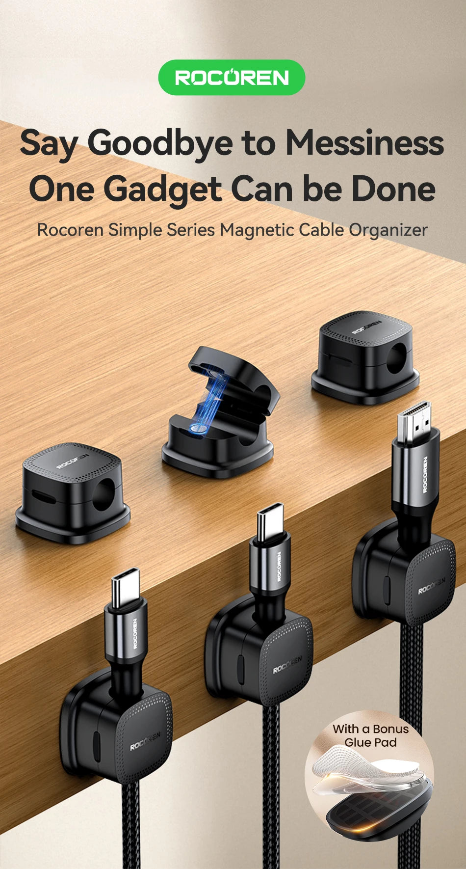 ROCOREN Magnetic Cable Organizer Self Adhesive Wire Holder Under Desk Adjustable Cable Management Wire Keeper Cable Holder Clips 6-30PCS