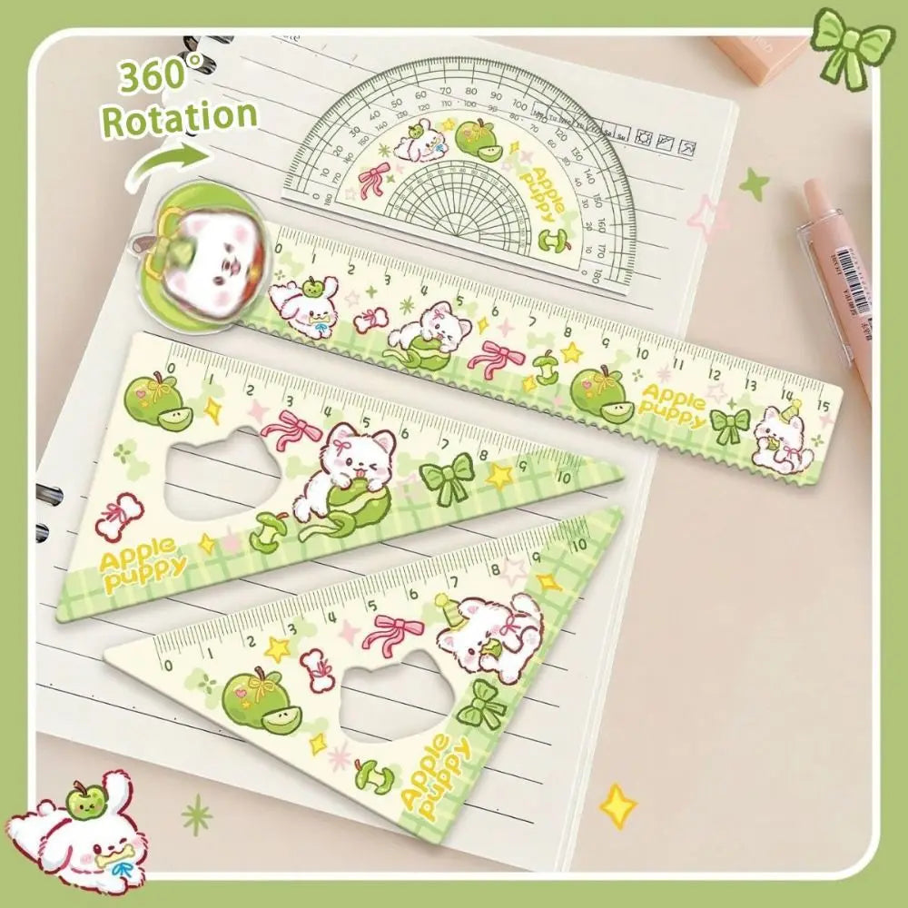 4pcs New Acrylic Ruler Set Red Kitten/Green Puppy Measurement Drawing Stationery Set Square Protractor Gift